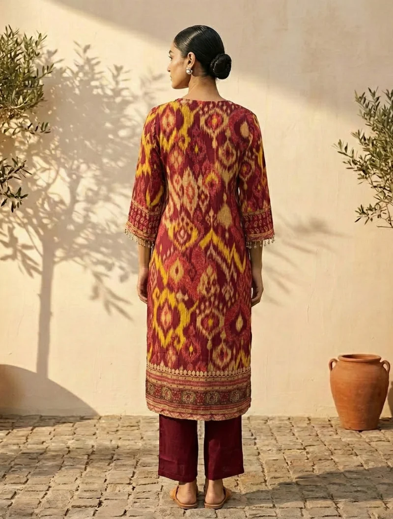 ترو برونز trueBrowns Red Ikat Print Embroidered V-Neck Kurta Pant Dupatta Set